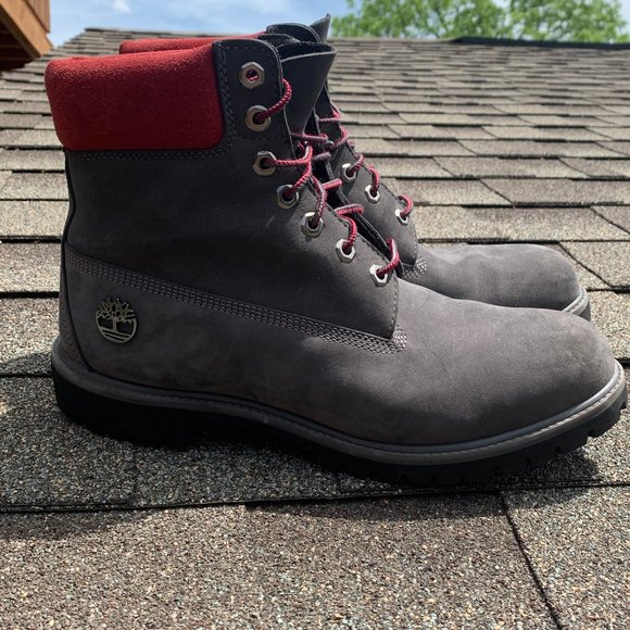 grey and red timberlands